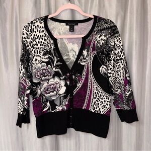 White House Black Market Black 3/4 sleeve Purple Patterned Cardigan size Large